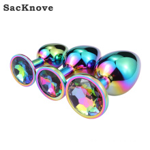 SacKnove 54007 New Adult Couples Sexy Game Rainbow Colorful Jewelry 3 Sizes S M L Expand Crystal Metal Butt Plug for Anal Toy